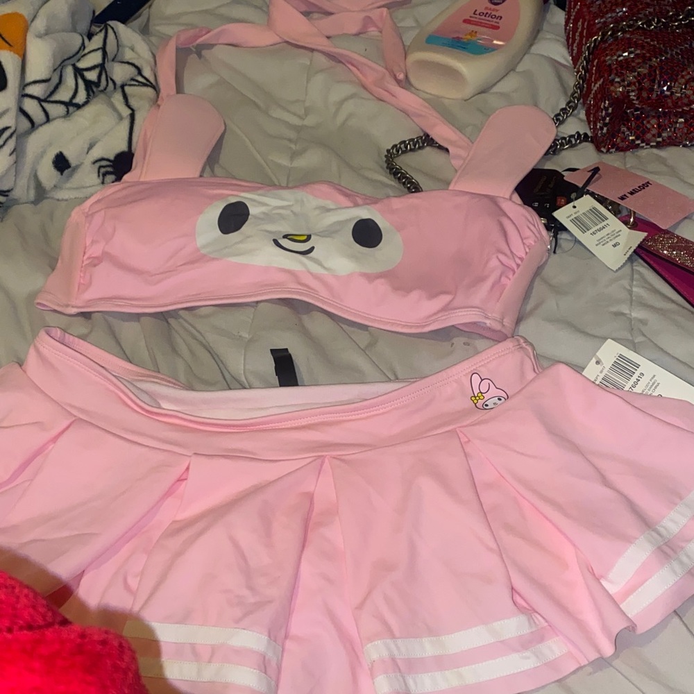 Pink My Melody  bandeau Bra and pleated sexy short Skirt Set🩷😻